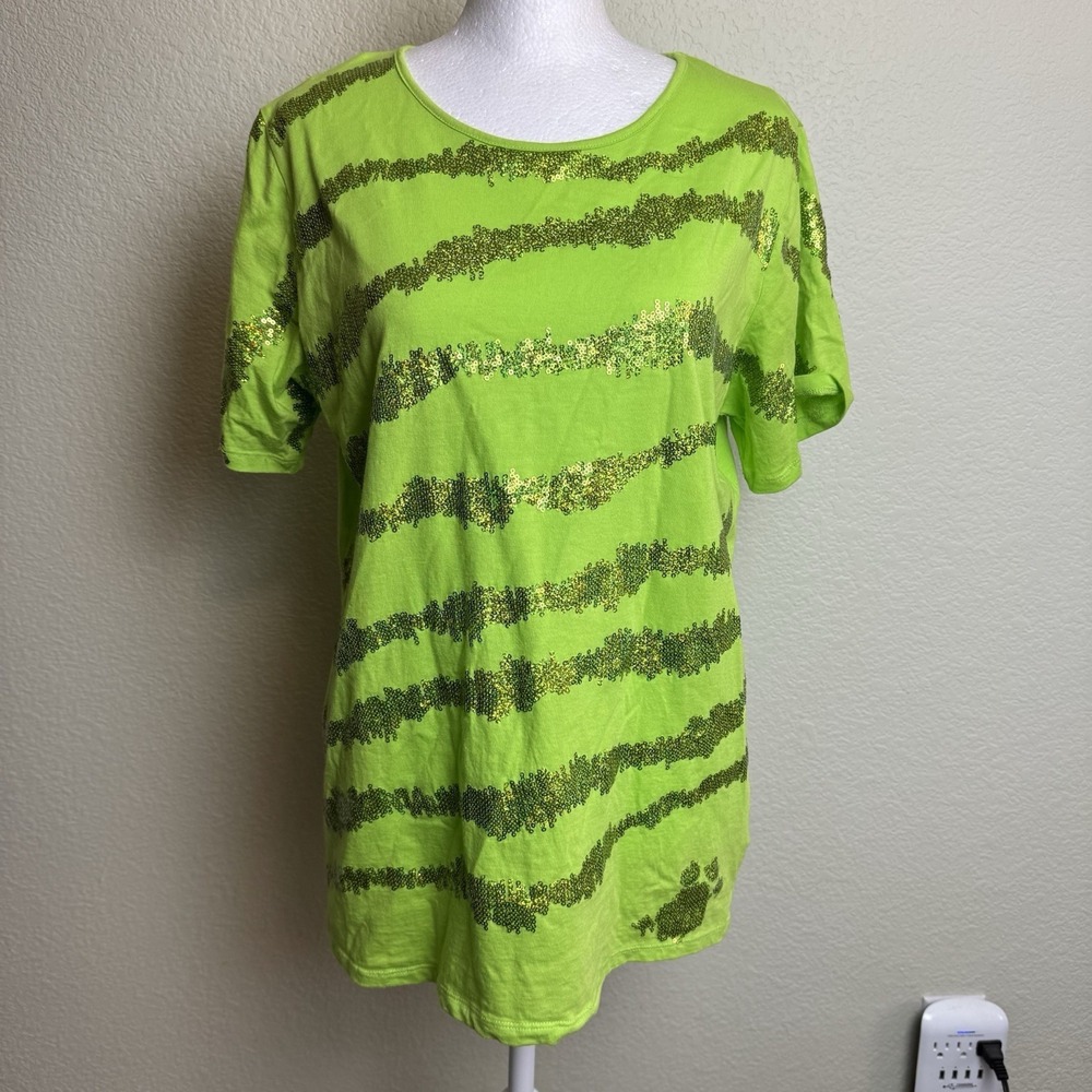 DG2 Diane Gilman Small Lime Sequin Stripe Short Sleeve T-Shirt Cotton Modal Tee